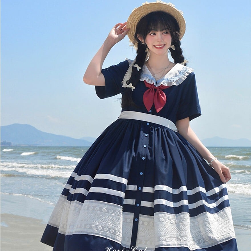 クラロリ｜セーラー風半袖フレアワンピース（ネイビー・ライトブルー