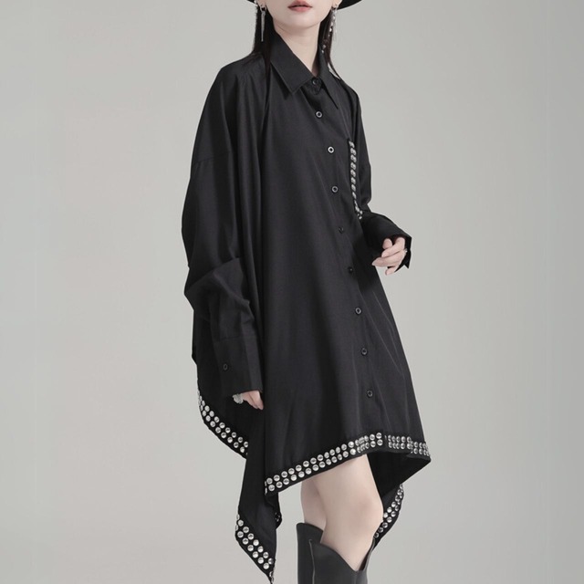 Studs decorated drop shoulder shirt dress C0921