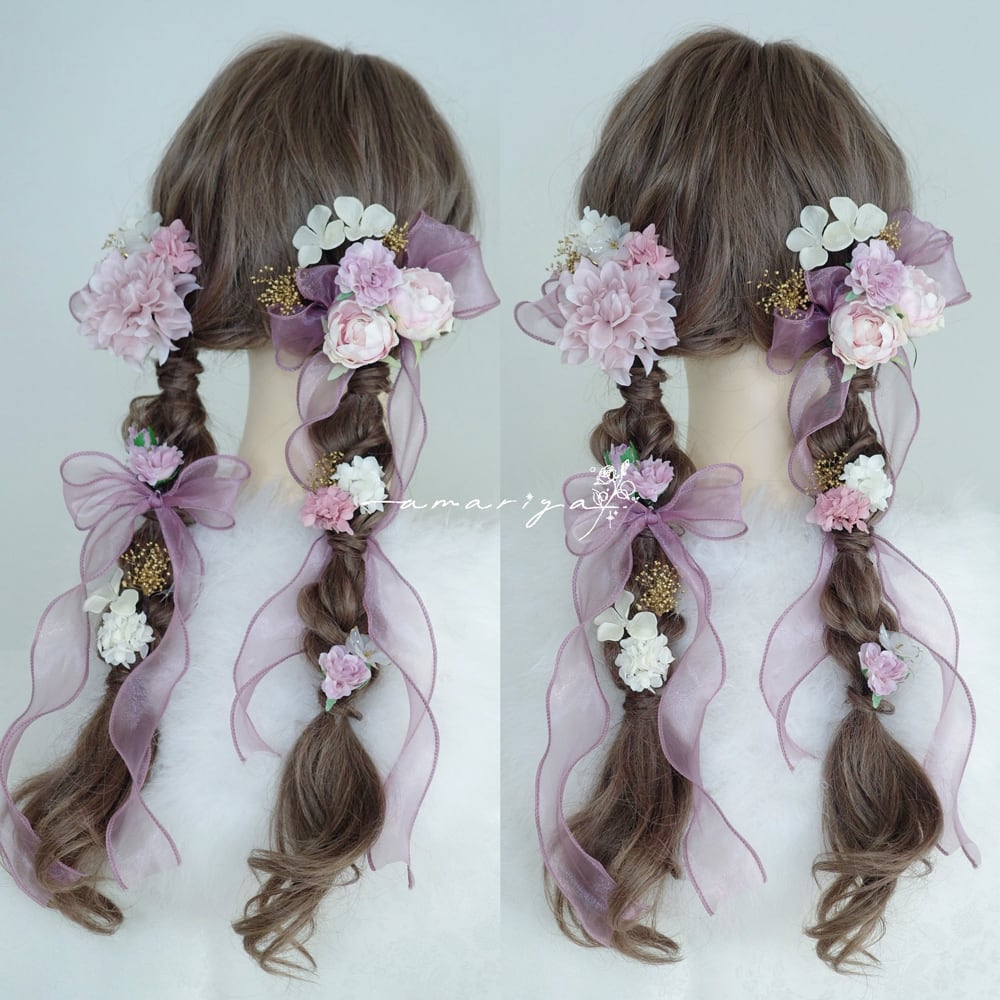 髪飾り ツインテールピンクローズとパープルリボン