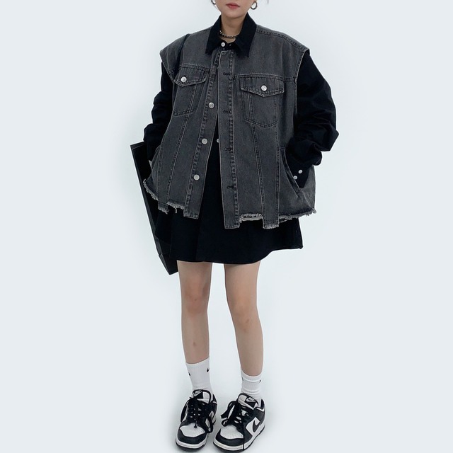 fake two-piece denim vest shirt　フェイクツーピースデニムベストシャツ　J0601