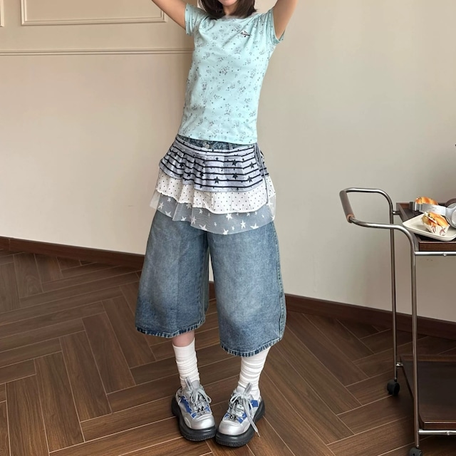 バックロゴスターモチーフデニムキュロットパンツ 1col R02526