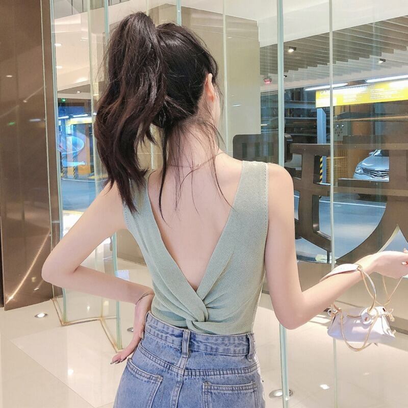 サマーVネックバックニットショートトップス レディース 夏物 ハンチェンe25424062886