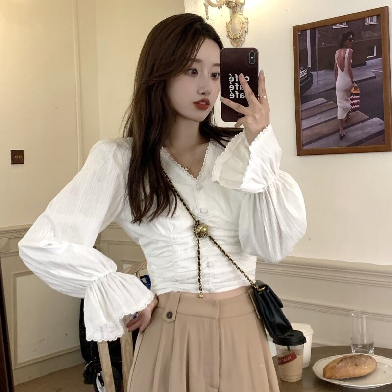 レースVネックシャツ ショートスリムプリーツオータムトップス ロング 秋物 ブラックストロベリース79722932645