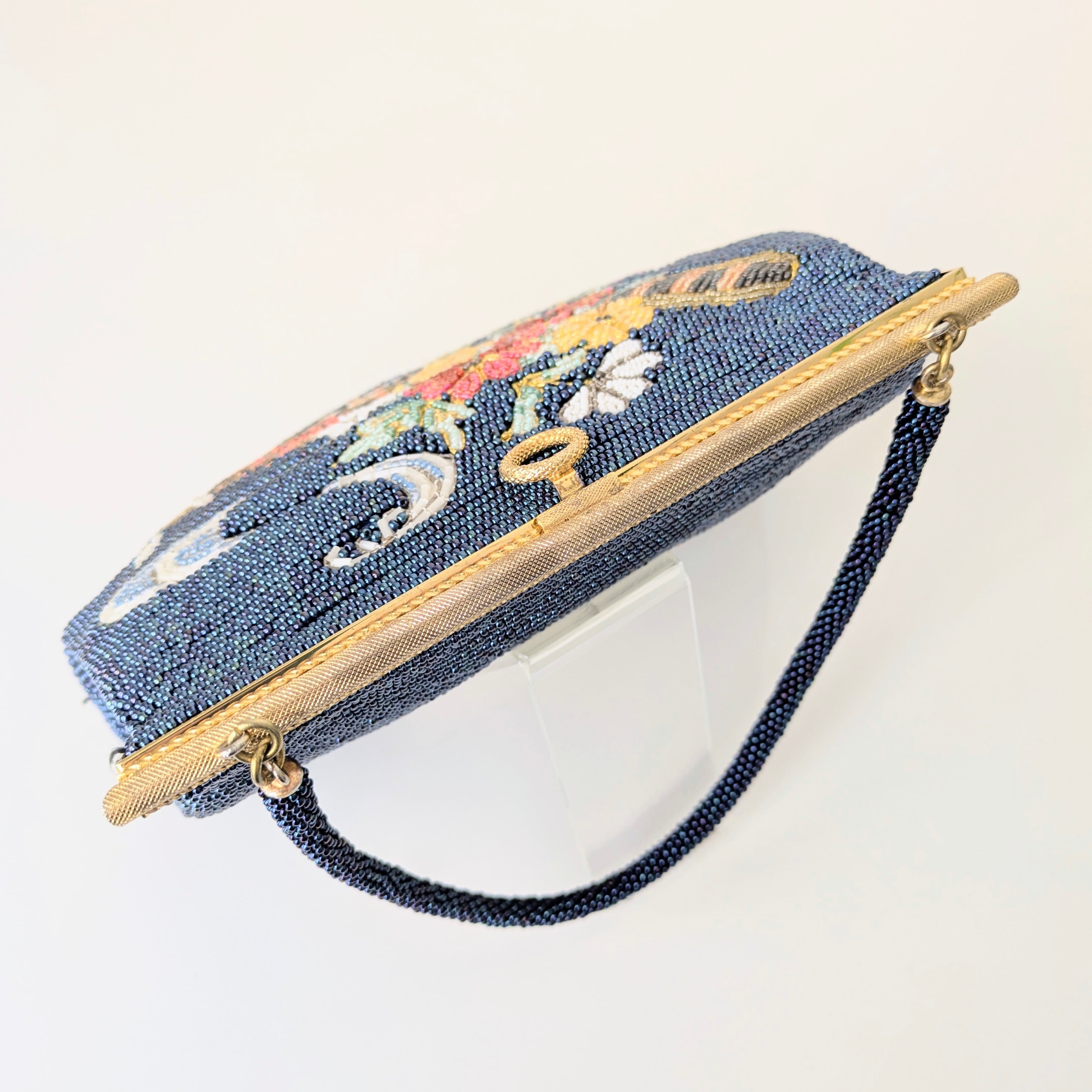 Vintage】ビーズ刺繍バッグ 紺色 金 花筏 パーティーバッグ 昭和レトロ