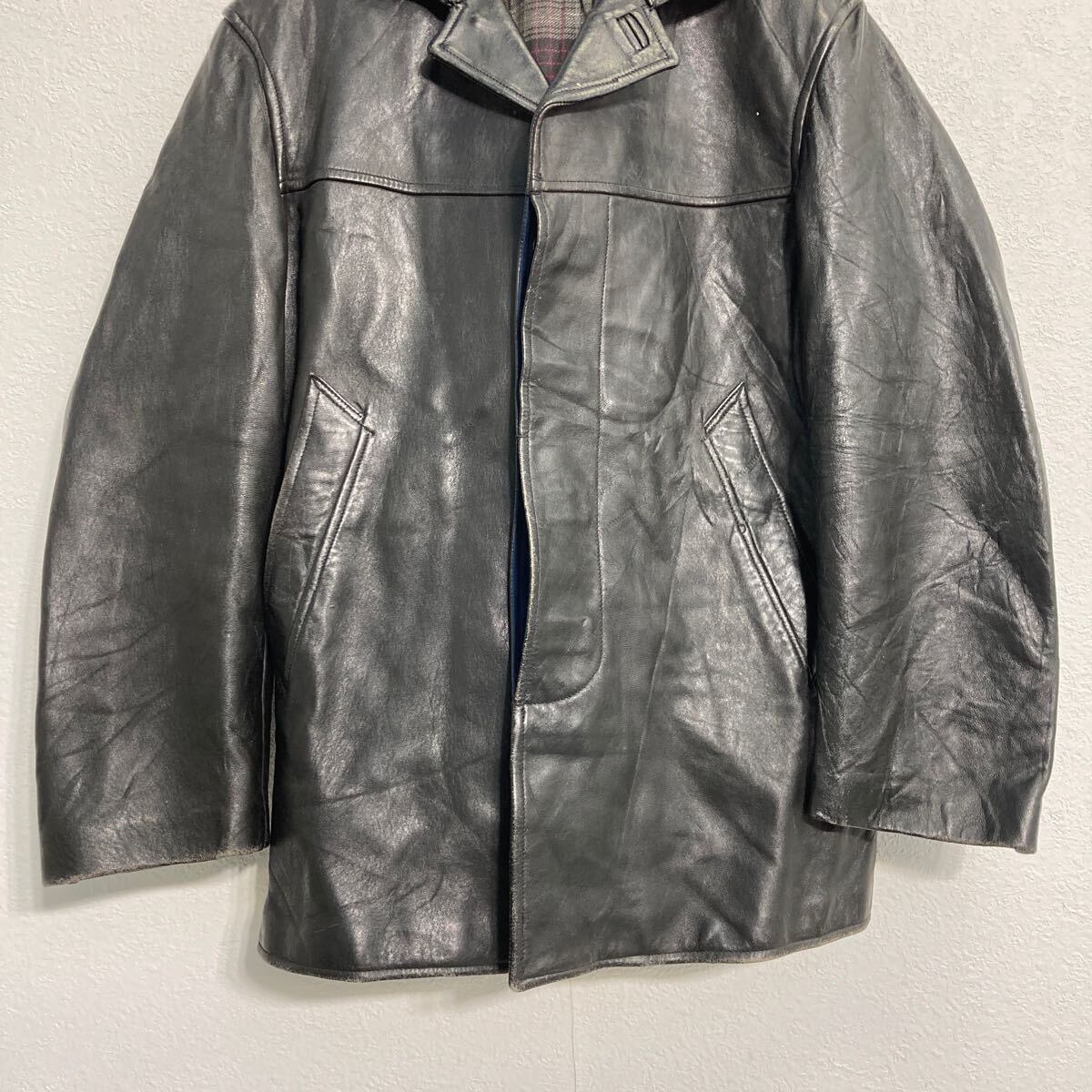 MIC CUIR フレンチ レザーコート L~ ブラック 裏地チェック ユーロ