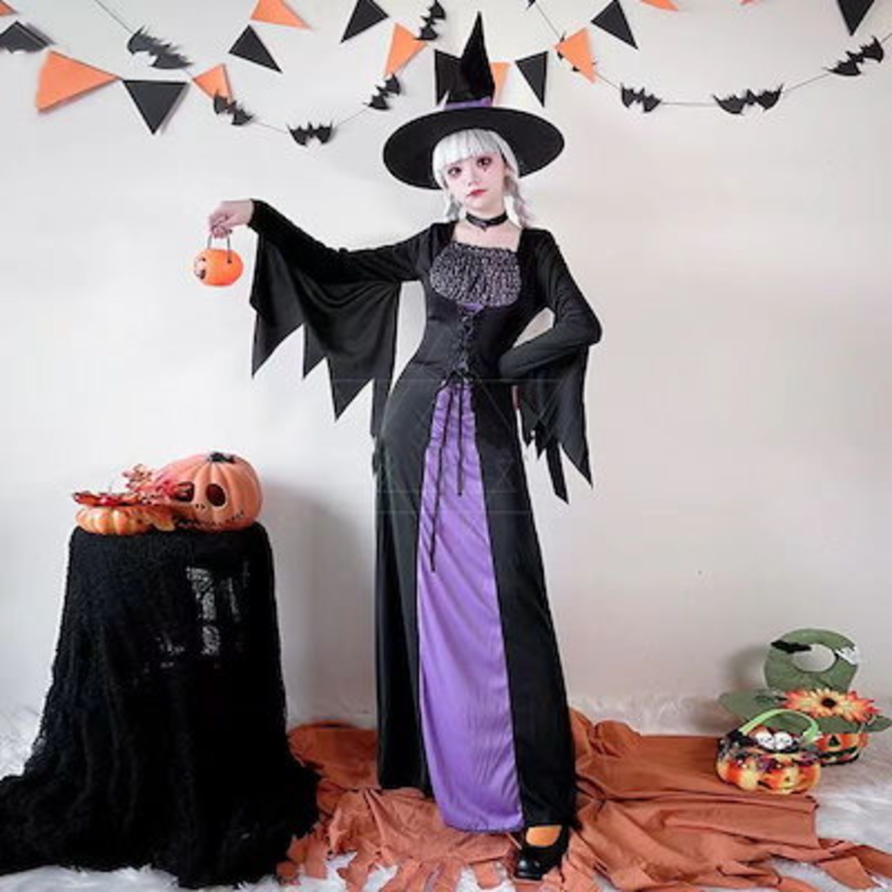 ハロウィンコスチューム大人紫の魔法魔術師ローブ女コウモリ魔女吸血鬼 
