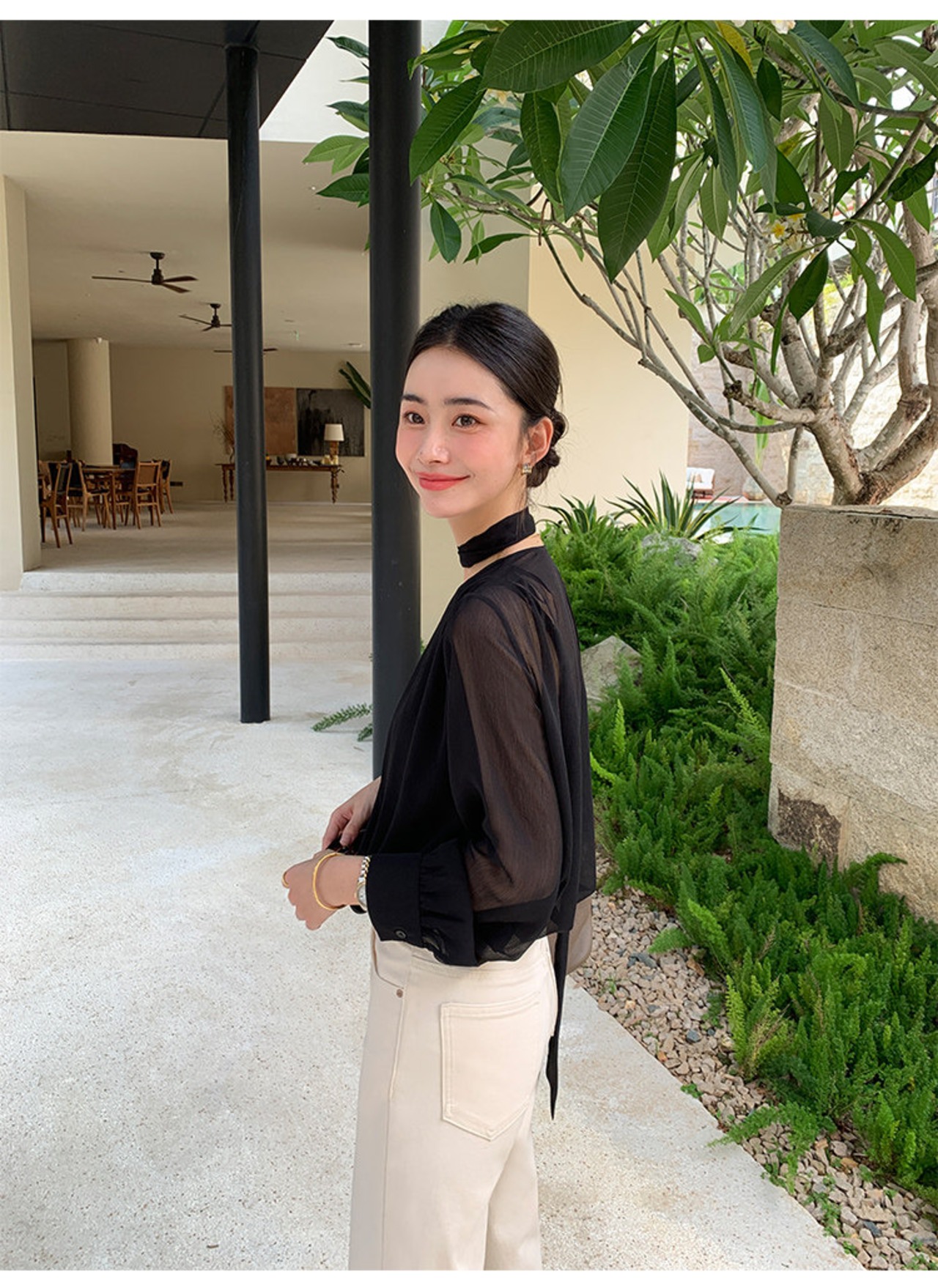 V-neck chiffon shirt camisole withTied Ribbon Set up【H00078】