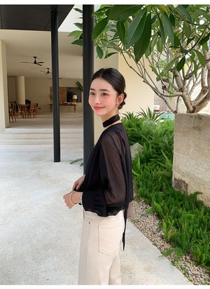 V-neck chiffon shirt camisole withTied Ribbon Set up【H00078】