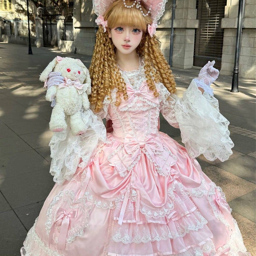 甘ロリ｜バックリボン付き姫系ロングジャンパースカート（ピンク