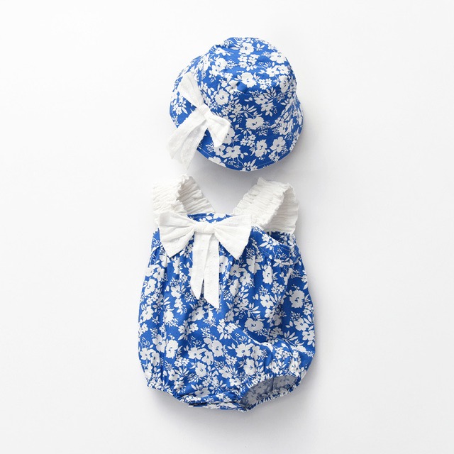 【即納】大きなリボンのビビットブルーロンパース(帽子付き)