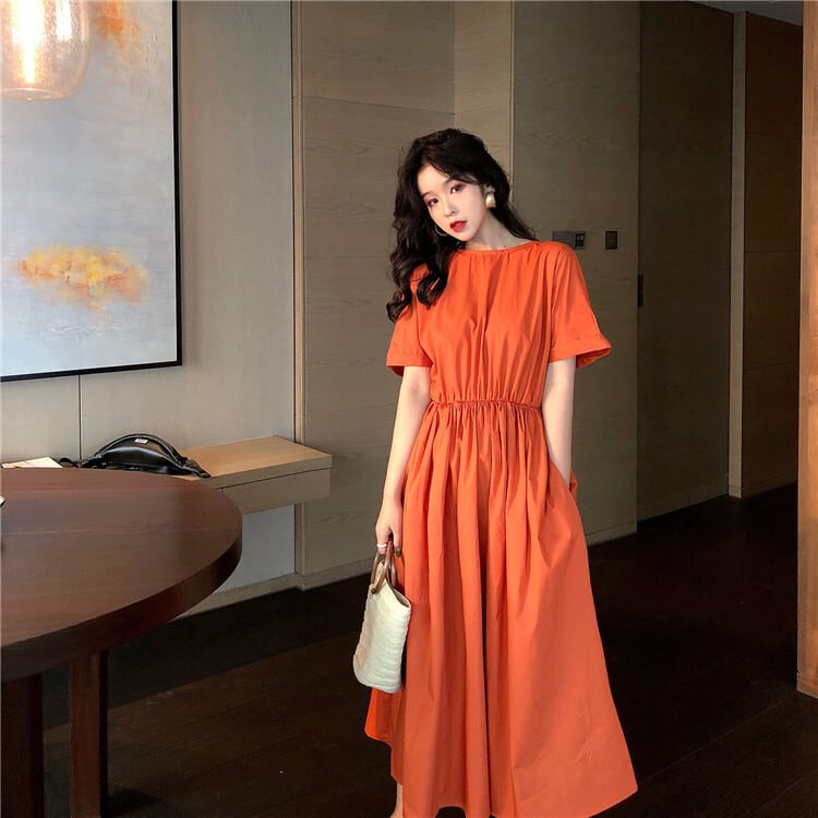 全3色 ワンピース 背中開き リボン 無地 2WAY ウエストゴム ロング