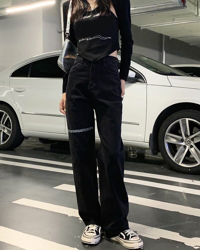 【新作】【送料無料】 ジーンズ女性のためのファッションハイストリートハイウエストプリント黒ルーズワイドレッグパンツ秋 2021 新しいズボン 0330812409766