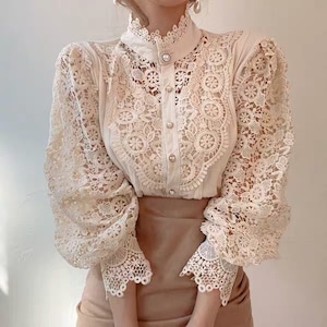 retro pearl button lace blouse(3color)<1065>