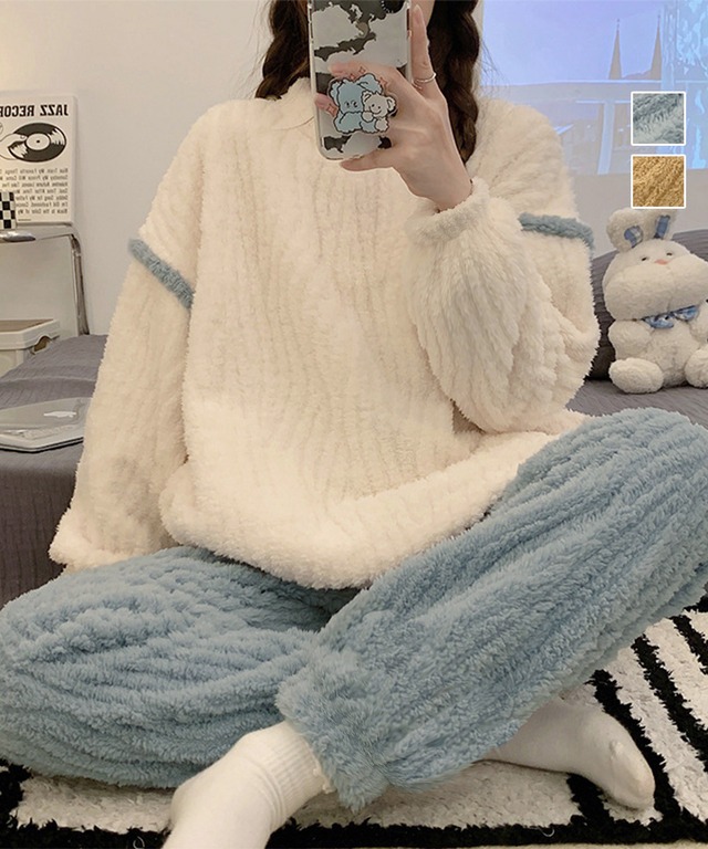 [セットアップ] フリースパジャマ レディース ふわふわ ルームウェアセットアップ もこもこ 部屋着 軽く暖かい ボアパジャマ リラックス 冬用室内着 保温長袖 韓国風