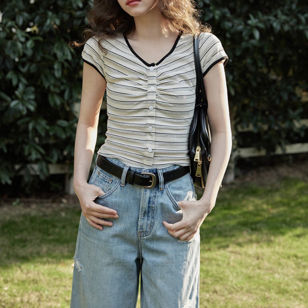 slim short stripe short sleeved t shirt