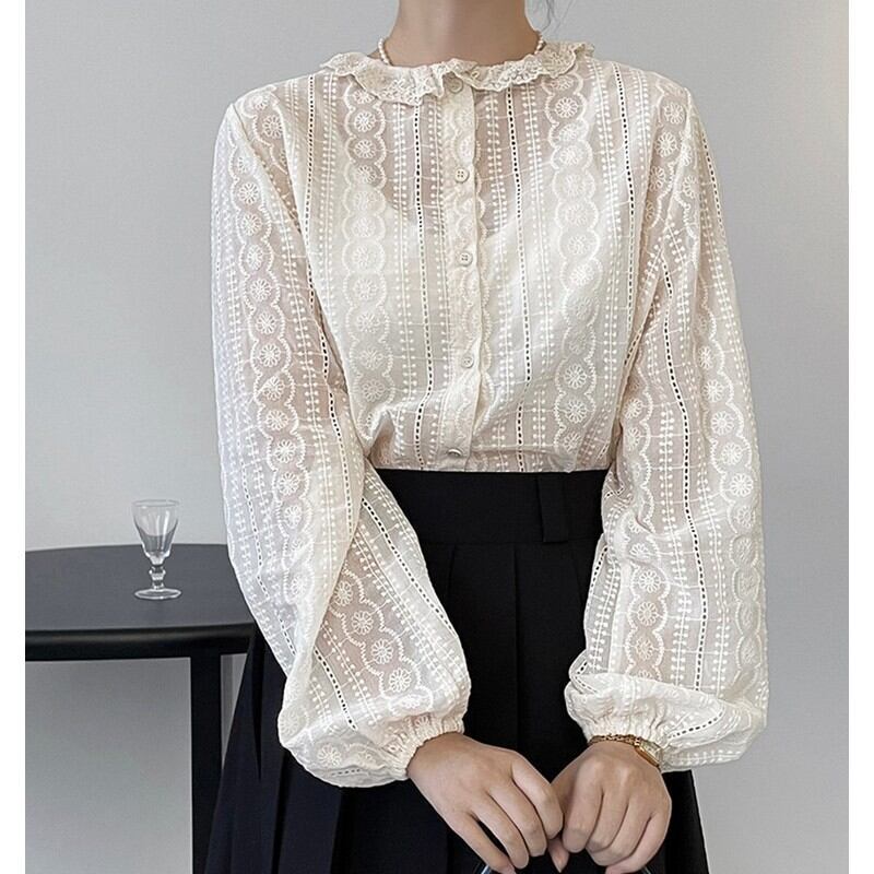retro round neck long sleeve lace shirt m0315