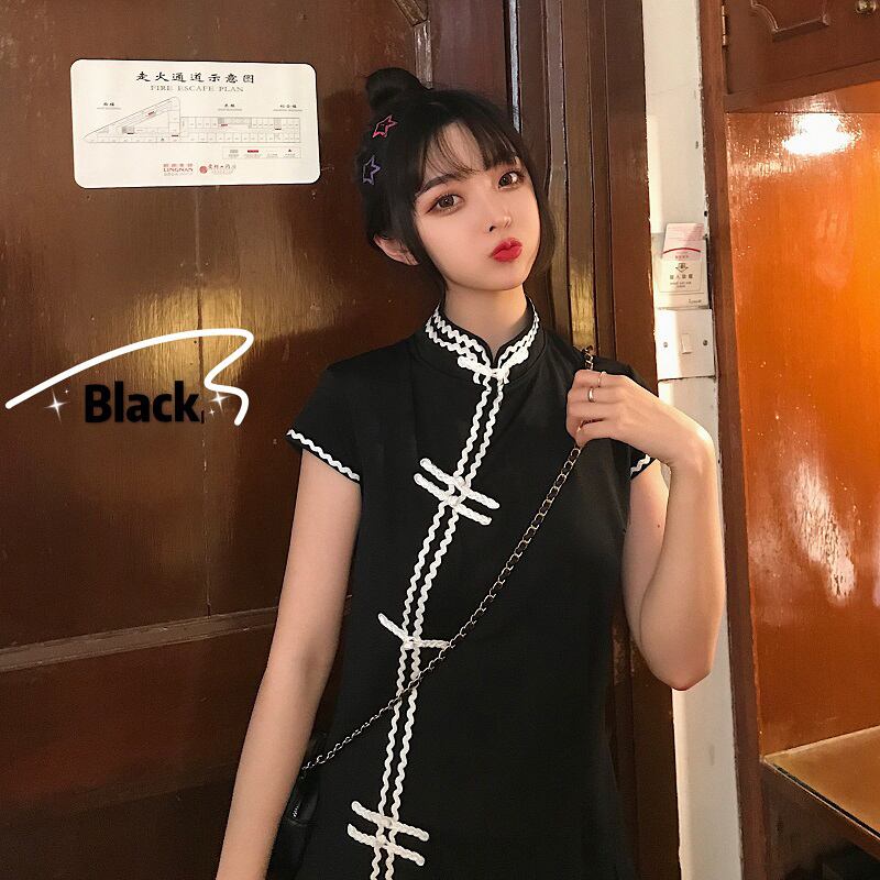 チャイナ風ワンピース チャイナ風服 中華服 改良唐装 改良漢服 スタンドネック 半袖 ショート丈 ショートパンツ 2点セット 可愛い 普段着 デート ブラック 黒い 可愛い S M L Elegant