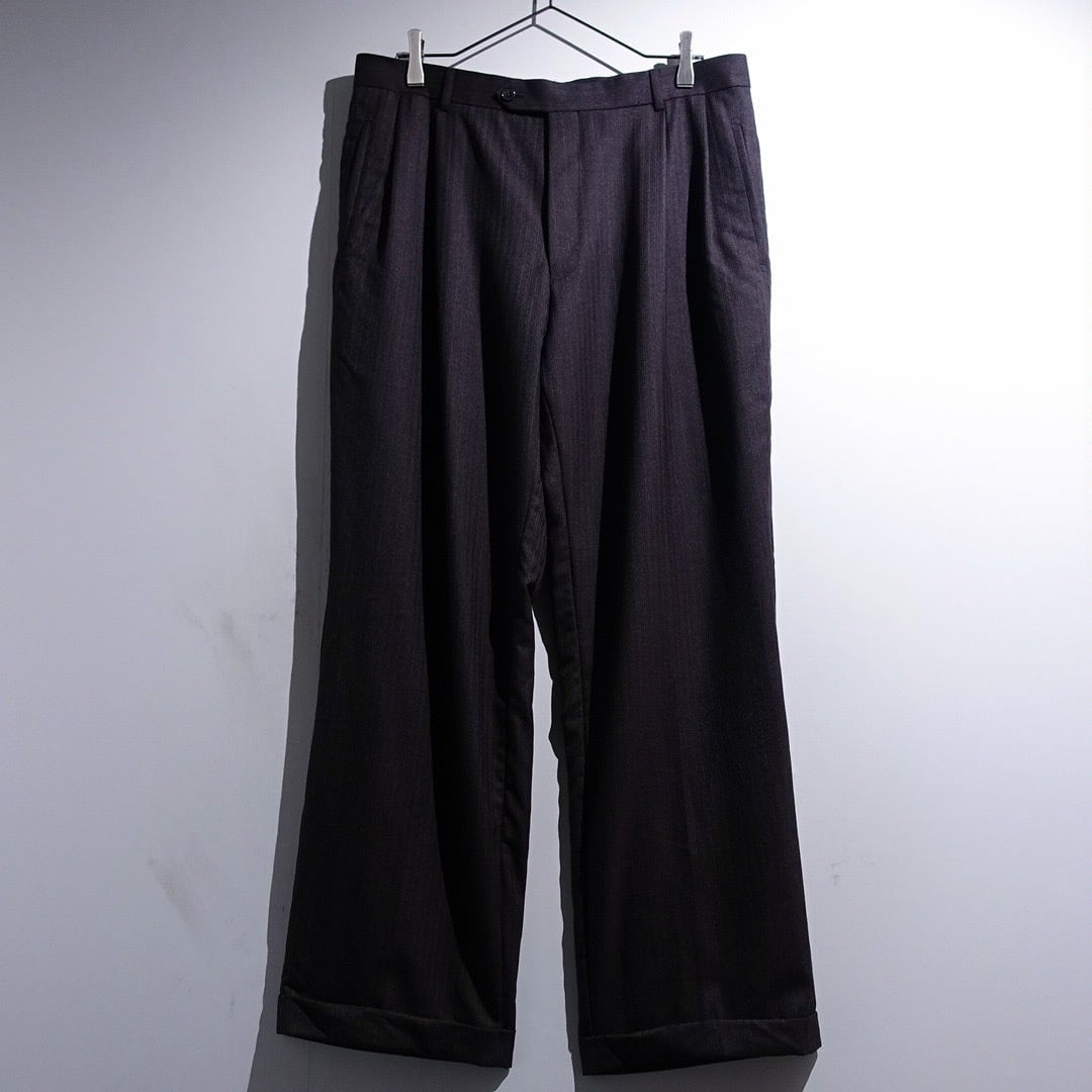 EURO Wine-Red Stripe Pattern Design 2-Tuck Double Wool Slacks