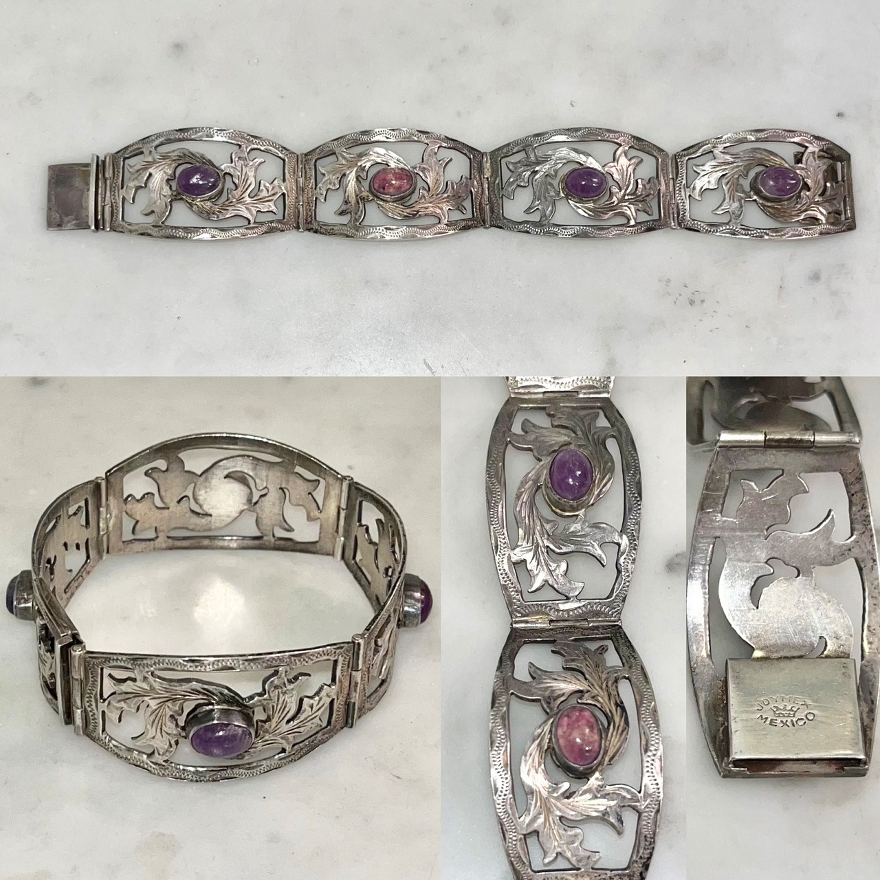vintage Mexican botanical motif silver bracelet set with purple stone
