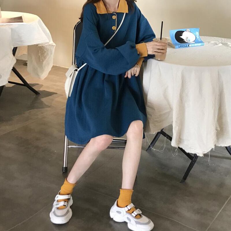 2020年春秋ウィメンズスタイルルーズスタイルポロカラーワイルドロングスリーブウエストスカート 萌量不足70637449856