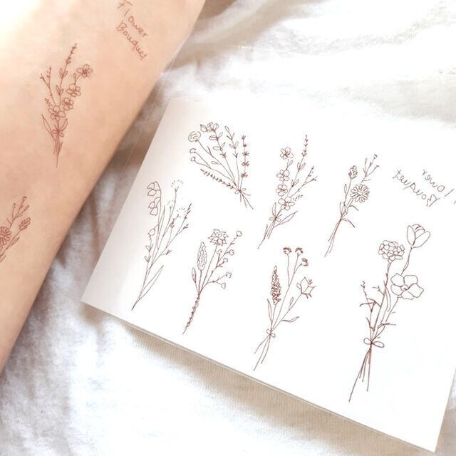 Flower Bouquet かわいい花束のブラウン色の線画のタトゥーシール Acubi Drops