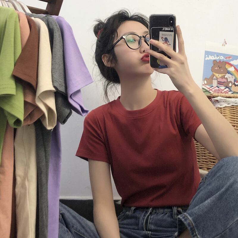 カラーTシャツ シャツ スプリングベーシックラウンドネック薄手トップス 春物 Oネック 試着室96048071290