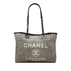 シャネル ココマーク ドーヴィルMM チェーン トートバッグ ショルダーバッグ グレー キャンバス レザー レディース CHANEL 【中古】