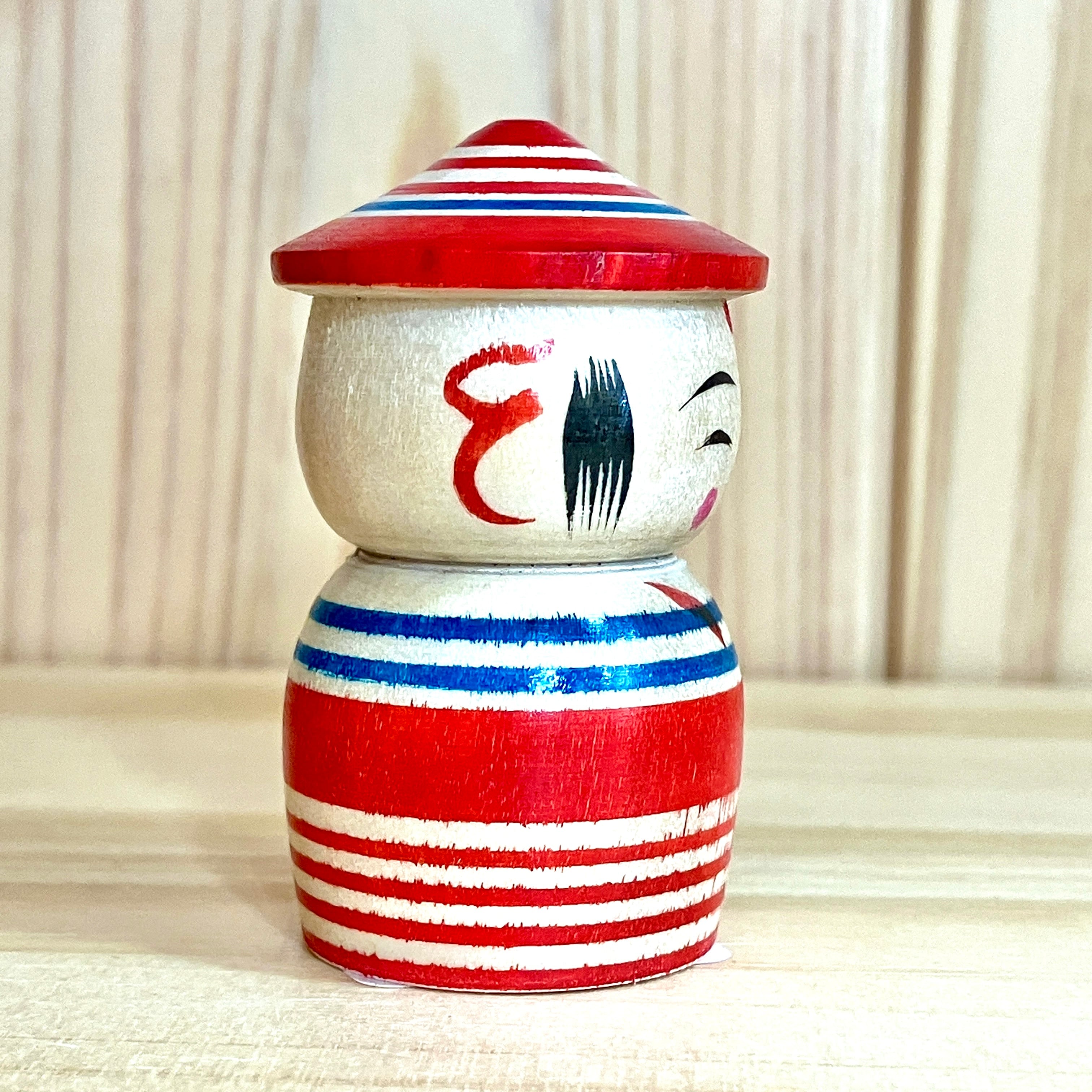 新山実工人：弥治郎系】 1.5寸 こけし 赤青 ： 5cm N10MiN-57