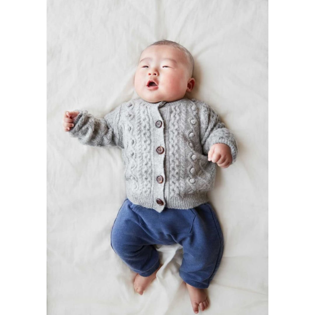 【FUB】べビー ニットカーディガン ポンポン ポップコーン セーター ラムウール エコテックス認証 2021AWBABY LAMBWOOL  CARDIGAN GRAY MELANGE (oekotex) 出産祝い