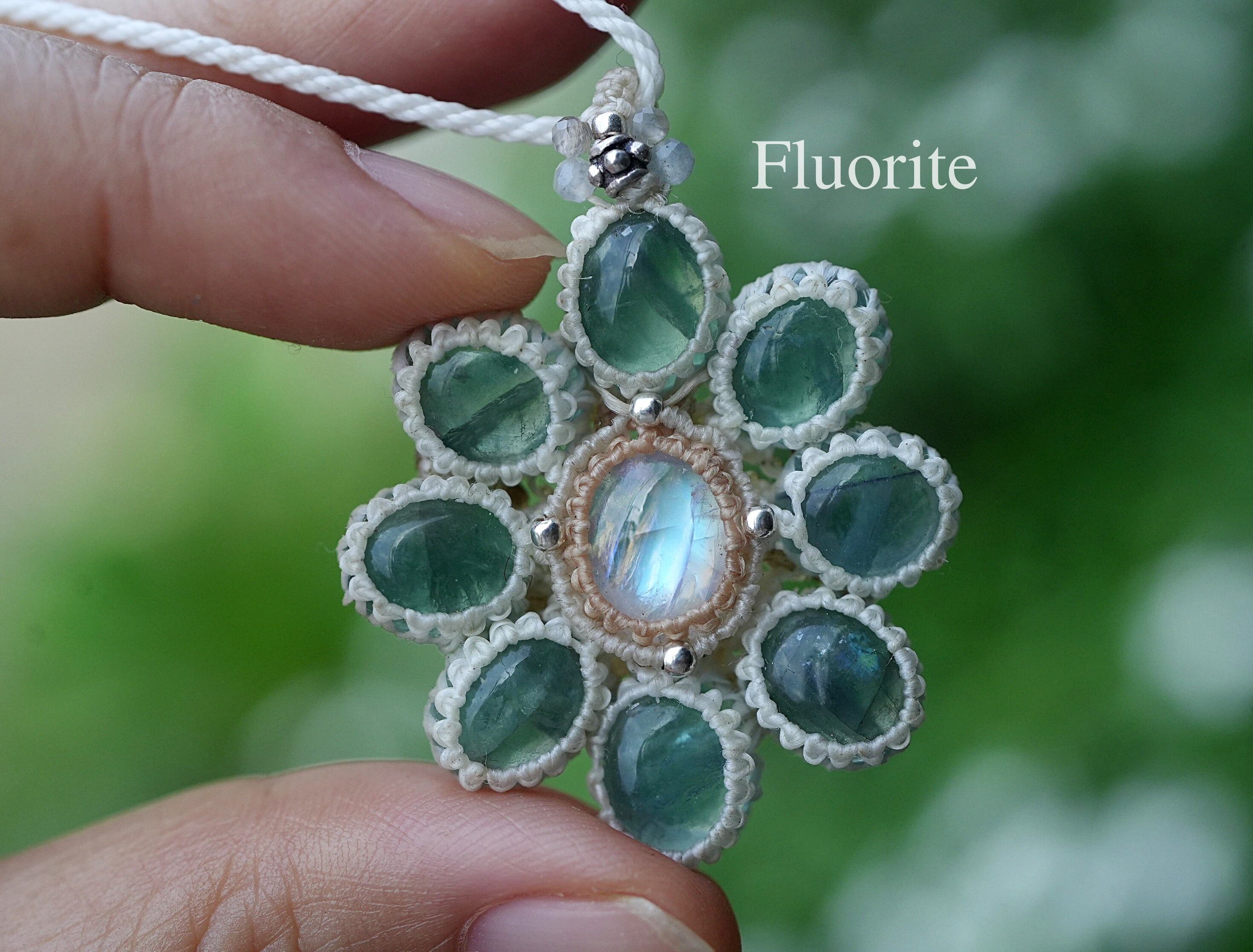 ブルー花★moonstone フローライトお花 マクラメネックレス1816