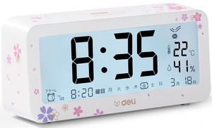 【在庫のみ】/Deli 目覚まし時計 電波時計 2年 桜の模様 文字も大きくてみやすい 乾電池式 画面が明る 温度計・湿度計付き 多機能デジタル時計 静音 スヌーズ機能 コンパクトでシンプル ファッショナブルな外観 簡単な操作で 置き時計(14.6cm桜の花 白)