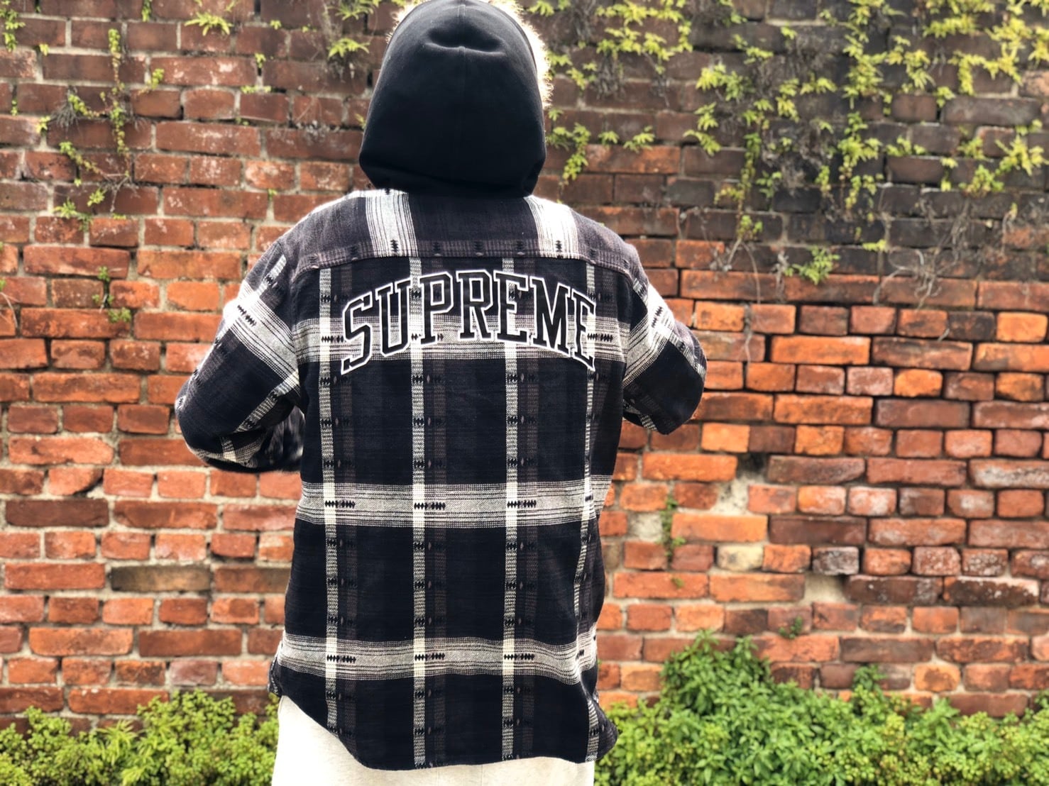 Supreme 18AW HOODED JACQUARD FLANNEL SHIRT BLACK LARGE 60JD5884 