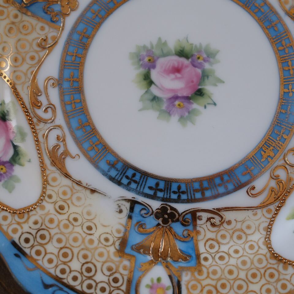 限定1客 オールドノリタケ 淡ブルー＆金彩ローズ装飾トリオ ティー