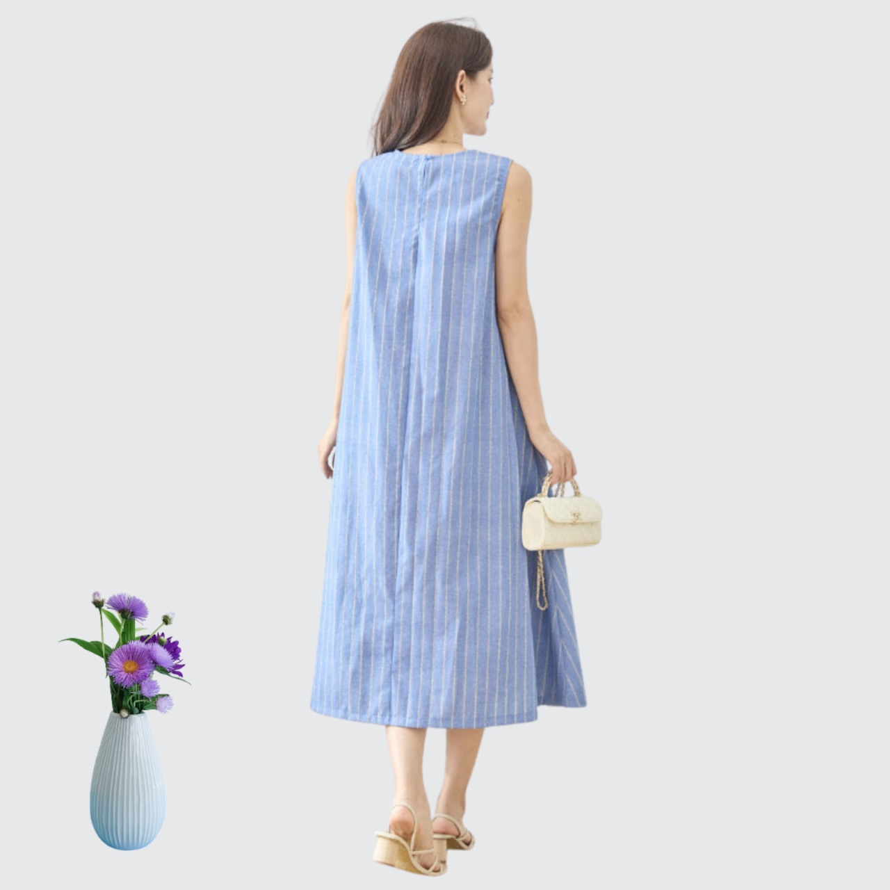 TRUBE Aラインノースリーブコットンマキシワンピース【M~L】ブルー