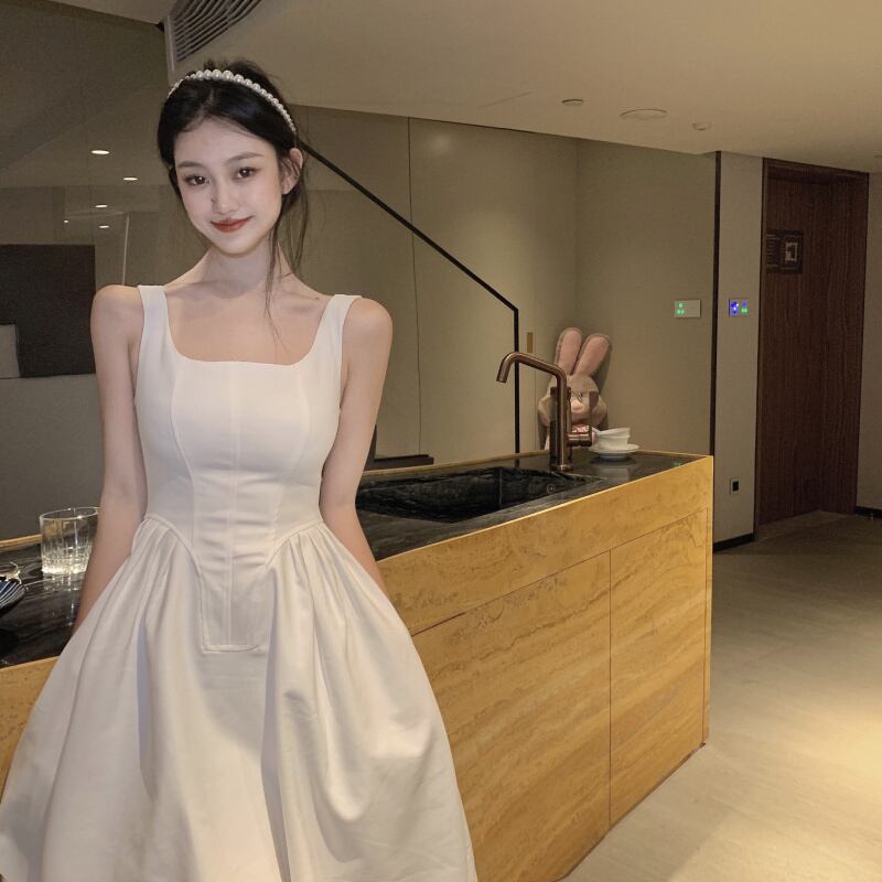 ドレス スタンダードホワイトスカート サマーウェストスリムフィットカラー レトロ 夏物 スクウェア ブラックストロベリース13255720884