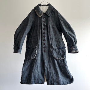 1950’s Vintage French Indigo & Iron-Mordant Dyed Rustic Chambray Linen Fabric for Made Chore Work Worker Paysan Coat
