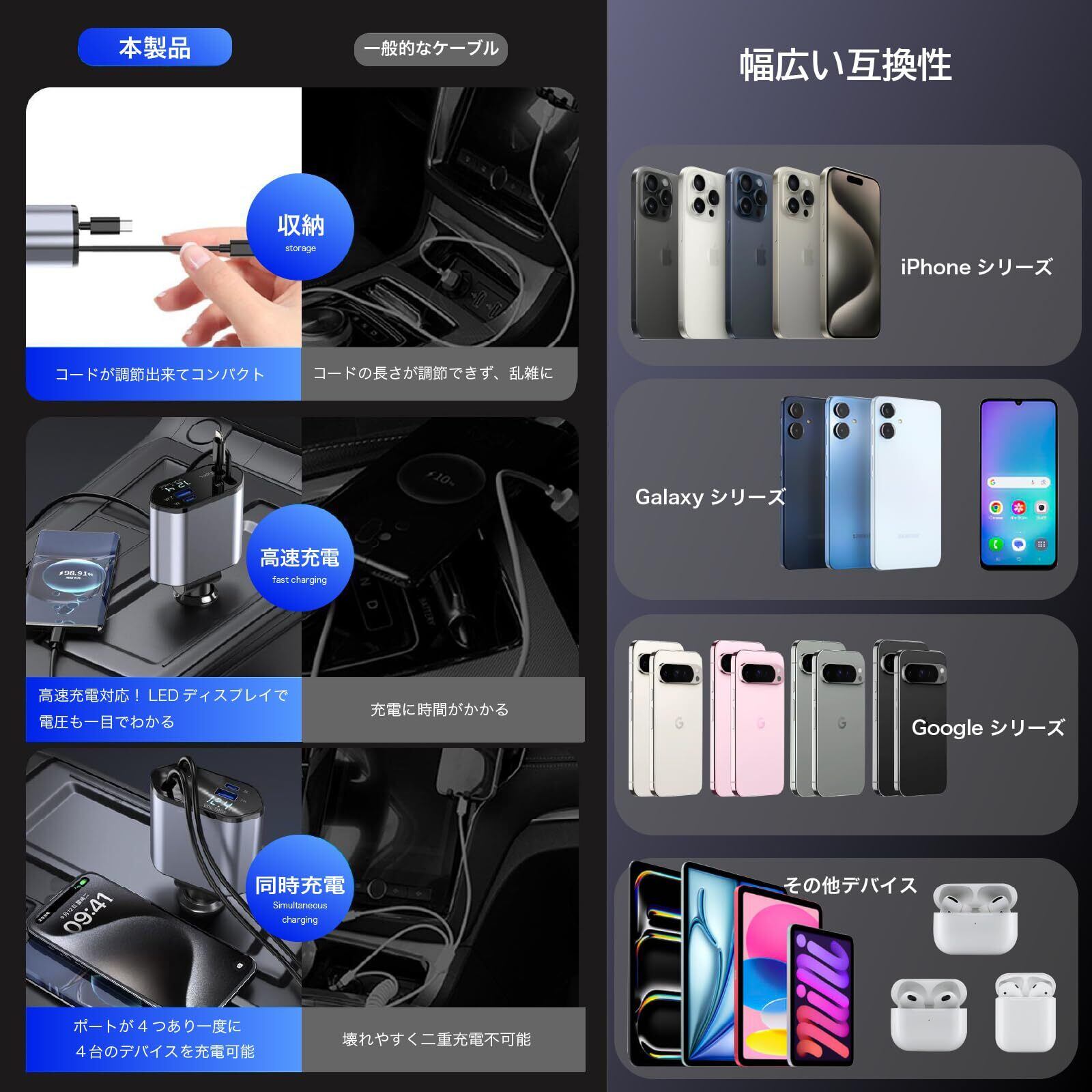 aerix] 車 シガーソケット usb タイプC 4台同時充電 カーチャージャー