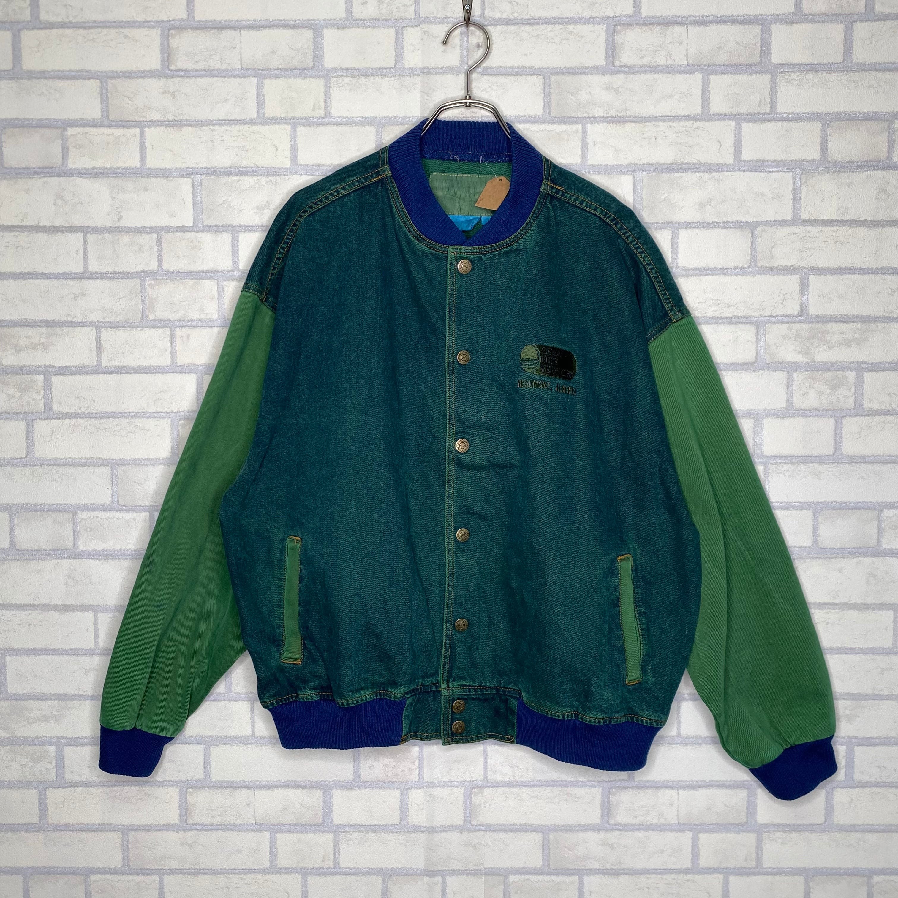デニムスタジャン XL グリーン フロント刺繍 後染め | 古着屋OLDGREEN