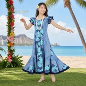 フラダンス 衣装 ワンピース ドレス ブルー系 ティアレ柄 ラウアエ柄 花柄 植物柄 フリル ハワイアンプリント ハワイアン アロハ フラ ダンス レッスン 練習 ハワイアンダンス 華やか さわやか 鮮やか かわいい おしゃれ 上品 大人っぽい ネイビー系 水色 青 紺 ダンス衣装 練習着