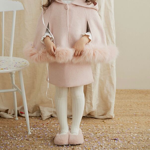 90-140cm】ピンクファーフード付きポンチョ | ROSE AUAR KIDS 90-140cm】ピンクファーフード付きポンチョ | ROSE AUAR KIDS