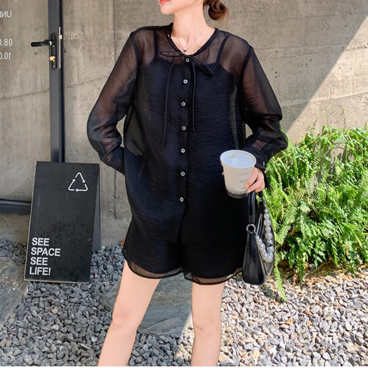 Black sheer shirt and shorts set S1406
