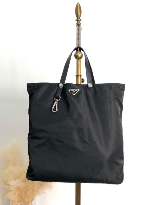 PRADA プラダ ハンドバッグ ブラック トライアングルロゴ ナット ナイロン トートバッグ レザーハンドル vintage ヴィンテージ オールド 7gtv72