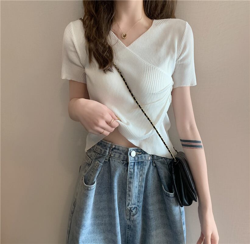 Tシャツ サマーホワイトショートニットトップス 夏物 YY-ファッション26962659739