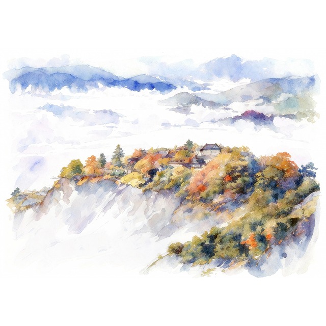 絵画(風景画) 日本の城 岡山県 備中松山城 インテリアアート額付き 水彩画・油絵調 WAT1365