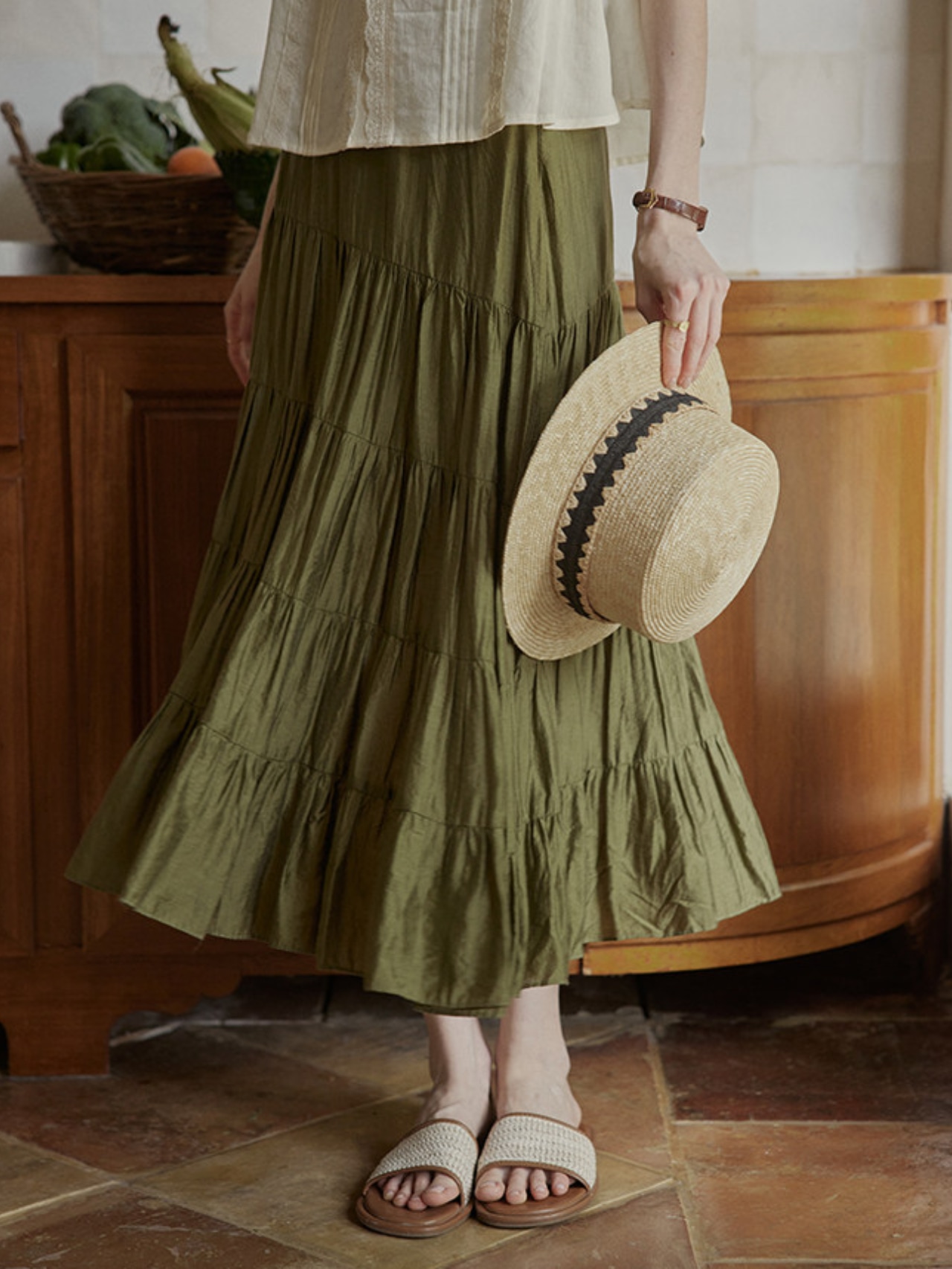 Antique Olive Tiered Skirt F0713