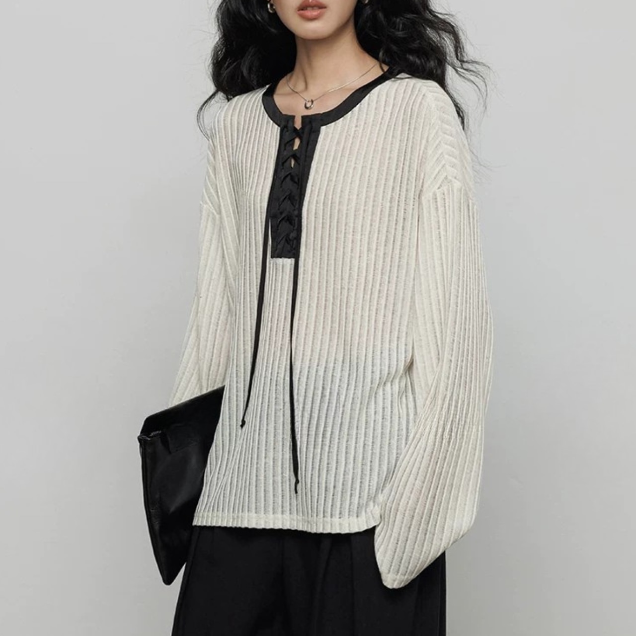 胸元レースアップ Vネックシアーリブニット 00298・画像15