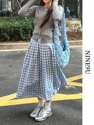 checked girly refreshing long-skirt【NINE7767】