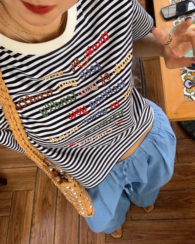 Border Pattern Short Sleeve Crew Neck T-Shirt　P0041