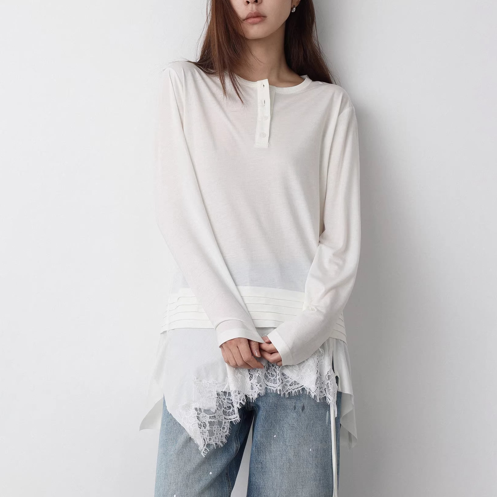 lace hem henley neck pullover 14284