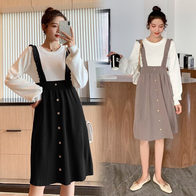 レディース カジュアルワンピース ドッキング リブニット ハイウエスト バイカラー 無地 モノトーン 長袖 ノーカラー Aライン ブラック/コーヒー